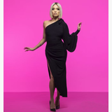 Chrisanne Clover Elizabeth Black Latin Practice Dress with Single Long Puff Sleeve, High Side Slit, and Versatile Shoulder Tie Pra941 in Stock