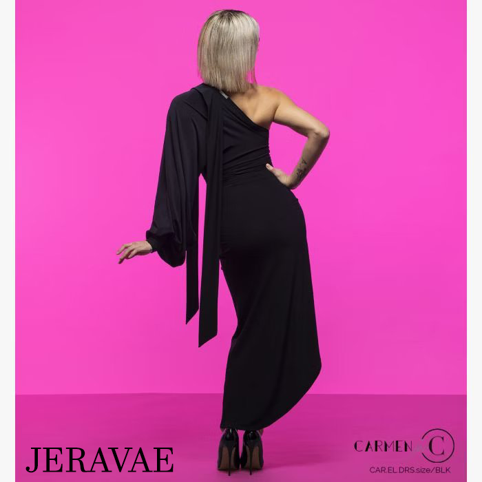 Chrisanne Clover Elizabeth Black Latin Practice Dress with Single Long Puff Sleeve, High Side Slit, and Versatile Shoulder Tie PRA 941 in Stock