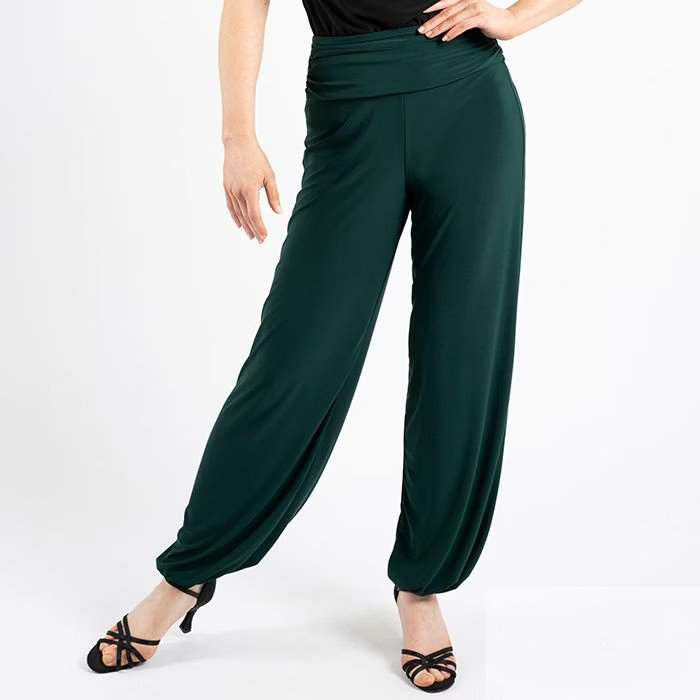 Loose Fit Latin or Ballroom Practice Dance Trousers with Ruched Drape Waistband and Narrowed Ankle Bands