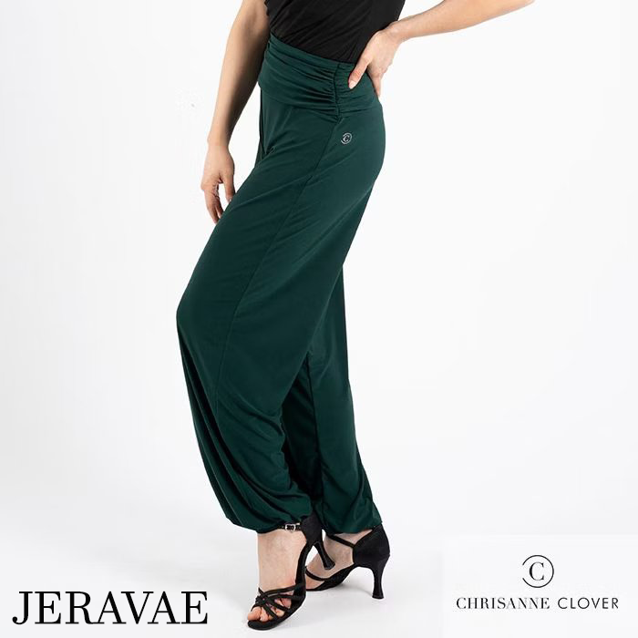 Green loose fit dance pants with ruched drape waistband
