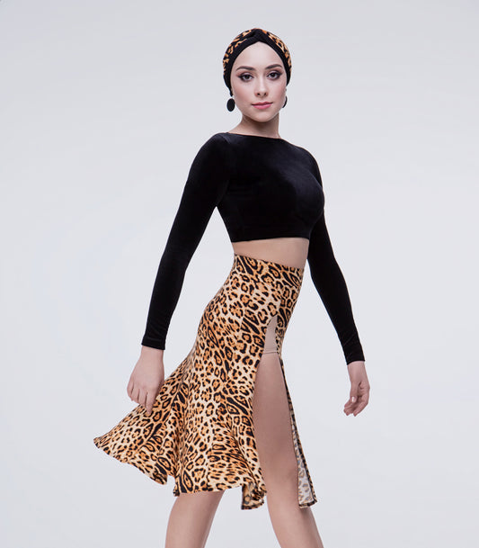 Black or Leopard Print Latin Practice Skirt with High Waist and Double Slit Skirt Sizes 38-52 Pra 495