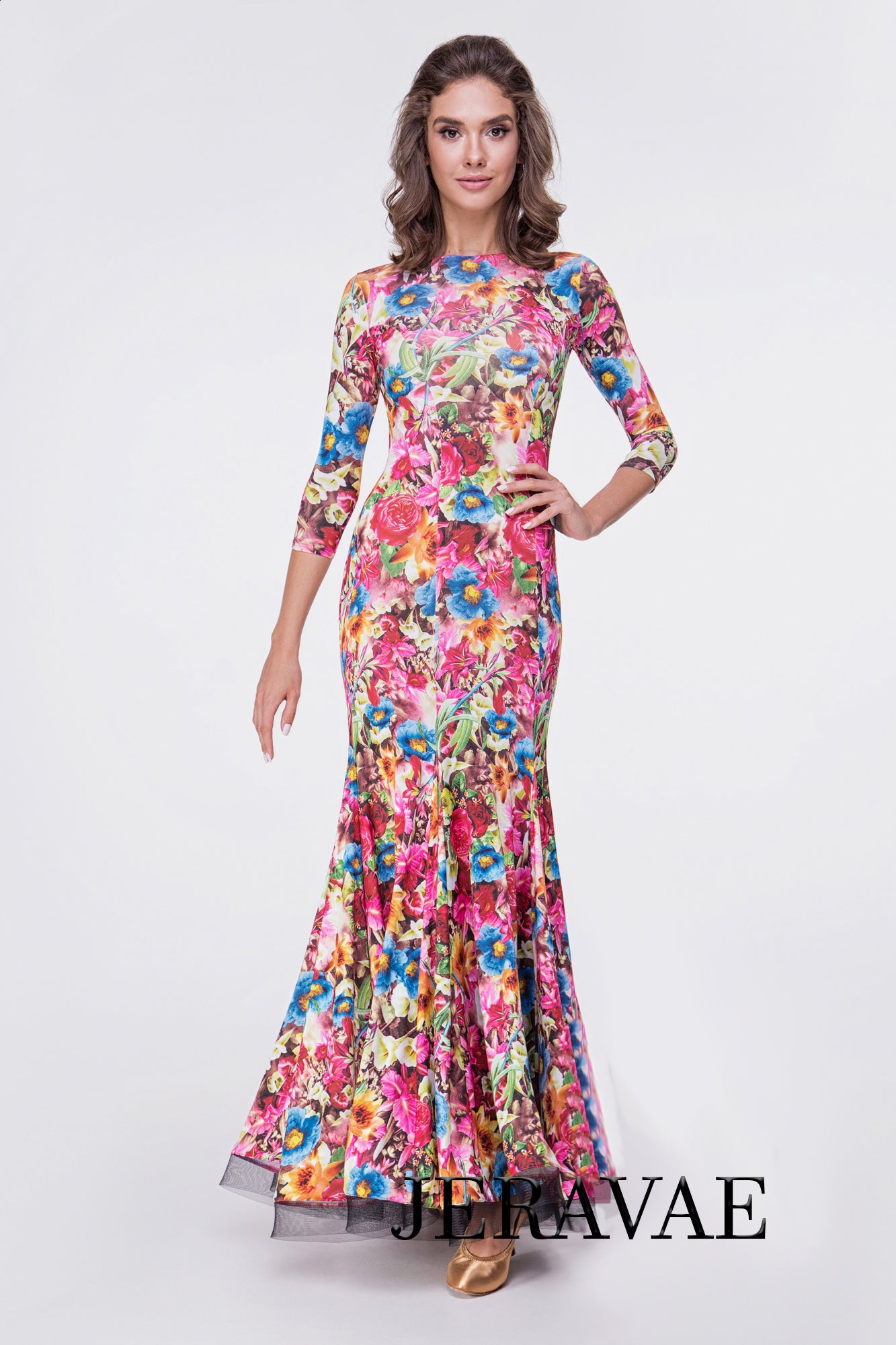 Floral Long Ballroom Practice Dress with Horsehair Hem and 3/4 Length Sleeves