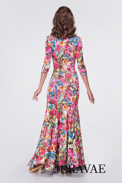 Beautiful Floral Long Ballroom Practice Dress with Horsehair Hem and 3/4 Length Sleeves PRA 621