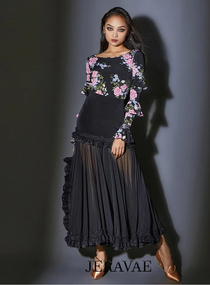 Three Tier Black and Pink Floral Tuck Out Ballroom or Rhythm Practice Top with Ruffled Long Sleeves PRA 760 in Stock