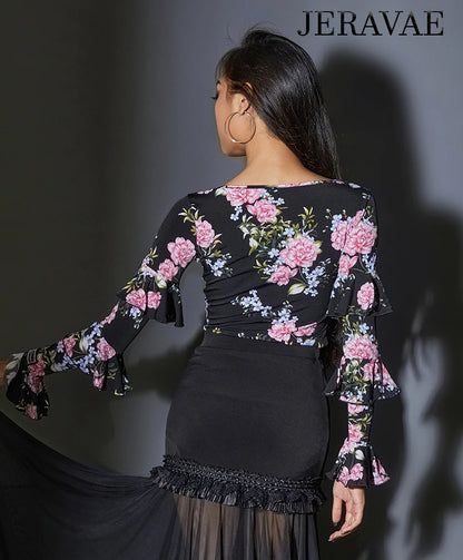 Three Tier Black and Pink Floral Tuck Out Ballroom or Rhythm Practice Top with Ruffled Long Sleeves PRA 760 in Stock