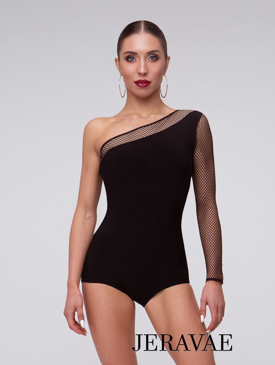 Ladies Black Bodysuit with one Fishnet Sleeve and Angled Neckline Detail Available in multiple Sizes PRA 305