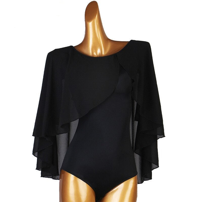 Block bodysuit ballroom top with sheer black sash as sleeves flowing from front to back for a floating look