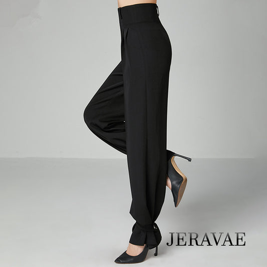 Long Black Ballroom Practice Pants with Wide High Waistband and Cinchable Ankle Ties PRA 783_Sale