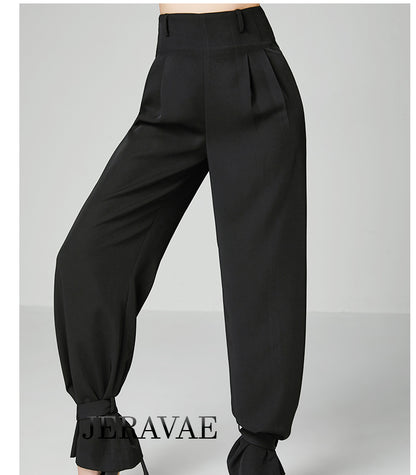 Long Black Ballroom Practice Pants with Wide High Waistband and Cinchable Ankle Ties PRA 783 in Stock