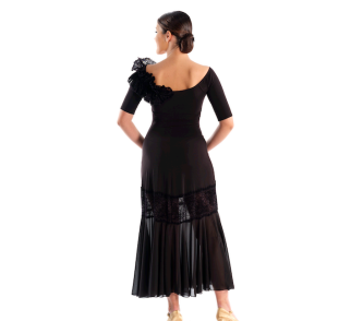 Victoria Blitz Gela Black Ballroom Practice Dress with Boat Neckline, Short Sleeves, Lace Embellishment on One Shoulder, and Long Skirt with Lace Insert PRA 728 In Stock