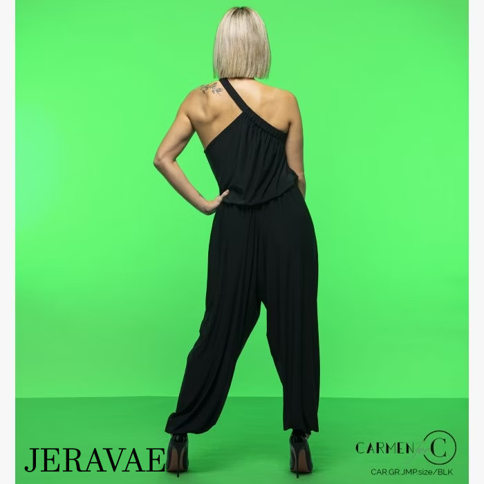 Back view of loose jumpsuit in black for women's ballroom dance