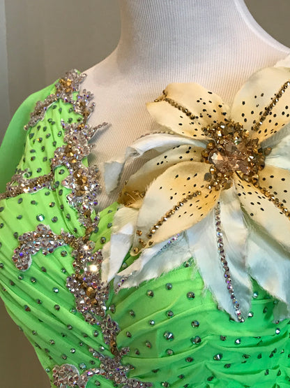 Lime Neon Green Smooth Ballroom Dress with 3D Flower and White Lace and Swarovski Stones Sz M/L (SOLD)
