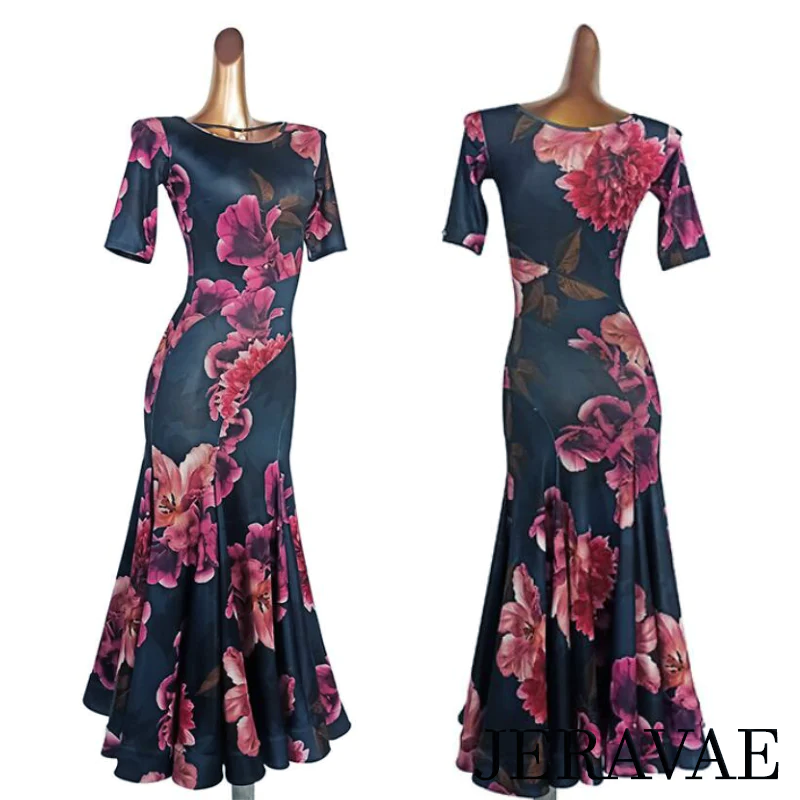 Dark Azure and Pink Floral Ballroom Practice Dress with Half Sleeves, Wrapped Horsehair Hem, and Necklace Detail with Pearl Pendant PRA 922 in Stock