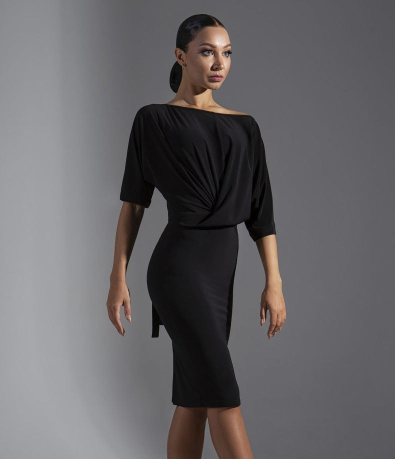 Half-Length Sleeve Latin Practice Dress with Slouchy Top and Back Slit in Skirt PRA 574
