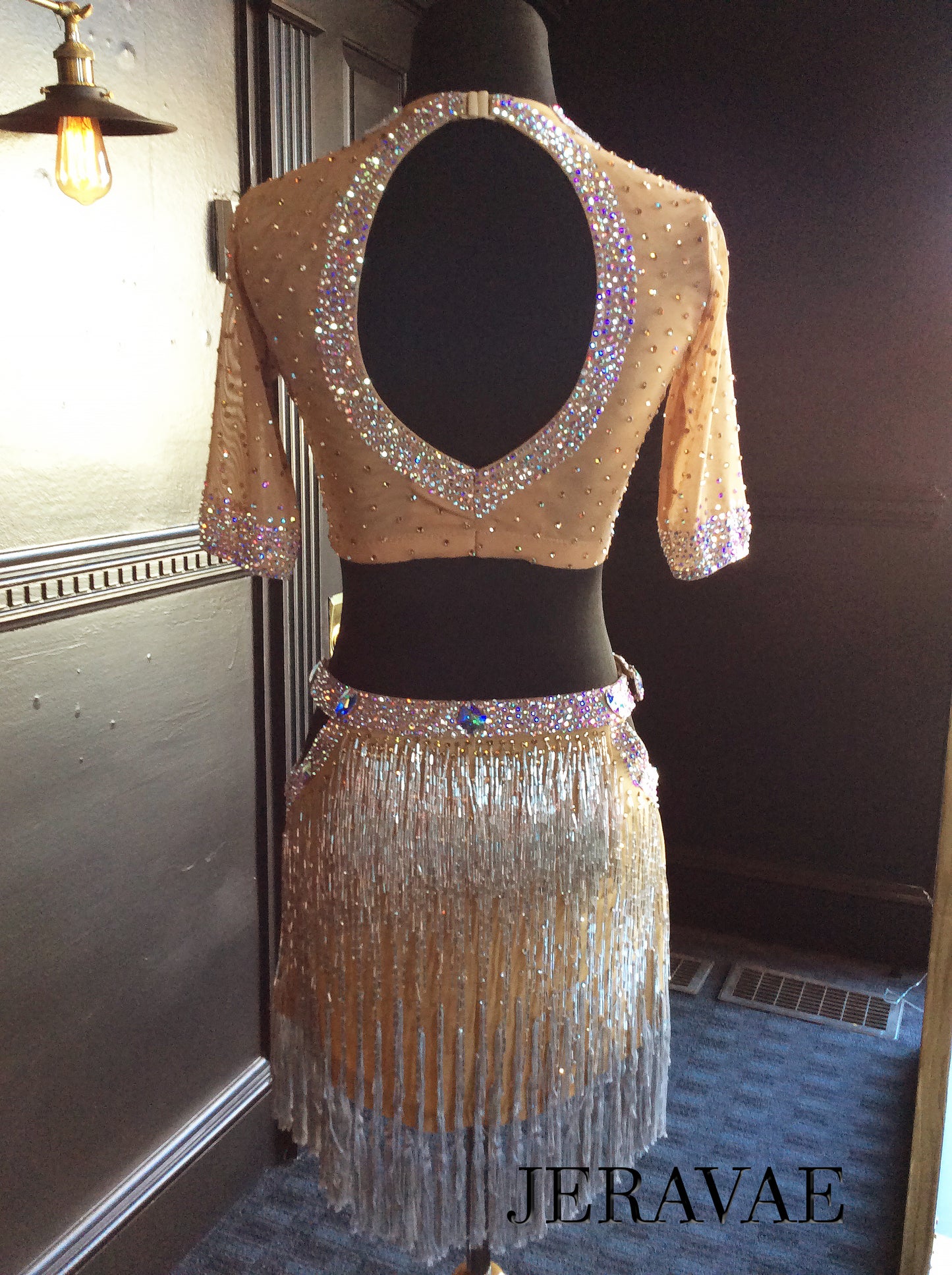 Nude 2 Piece Latin Dress with Bugle Beads, White Appliques and Swarovski Stones Lat114