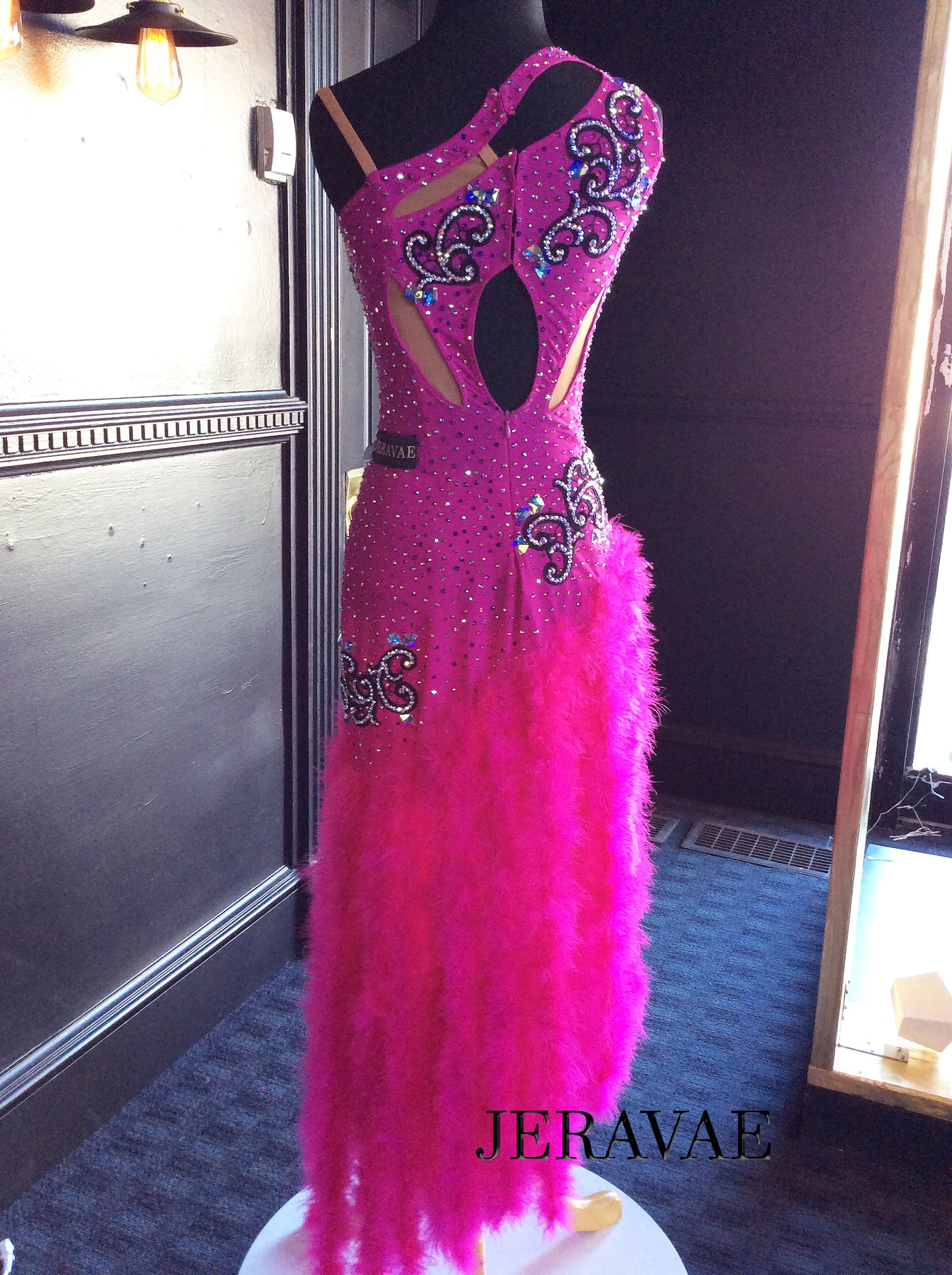 Hot Pink Latin Dress with Black Lace Appliques and Swarovski Stones. Feather skirt and Mesh Cutouts Lat136