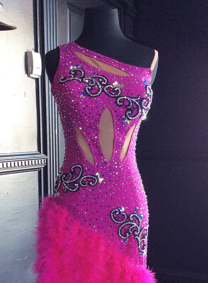 Hot Pink Latin Dress with Black Lace Appliques and Swarovski Stones. Feather skirt and Mesh Cutouts Lat136