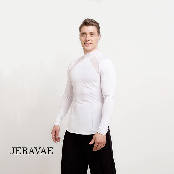 Men's Long Sleeve Latin or Rhythm Shirt with Mesh Cut Outs and Solid Collar. Available in White or Black M019