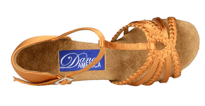 Dance America Ladies Latin Shoe with T-Strap and Braided front Straps with Loop Detail Madison