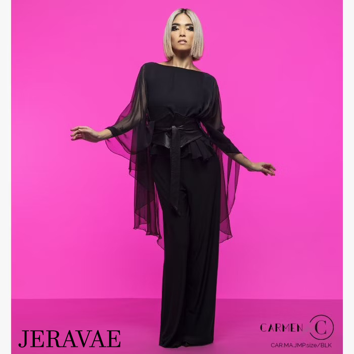 Chrisanne Clover Marlene One Piece Black Jumpsuit with Chiffon Shawl, Back V-Neckline, and Wide Leg Pants PRA 933 in Stock