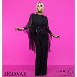 Chrisanne Clover Marlene One Piece Black Jumpsuit with Chiffon Shawl, Back V-Neckline, and Wide Leg Pants Pra933 in Stock