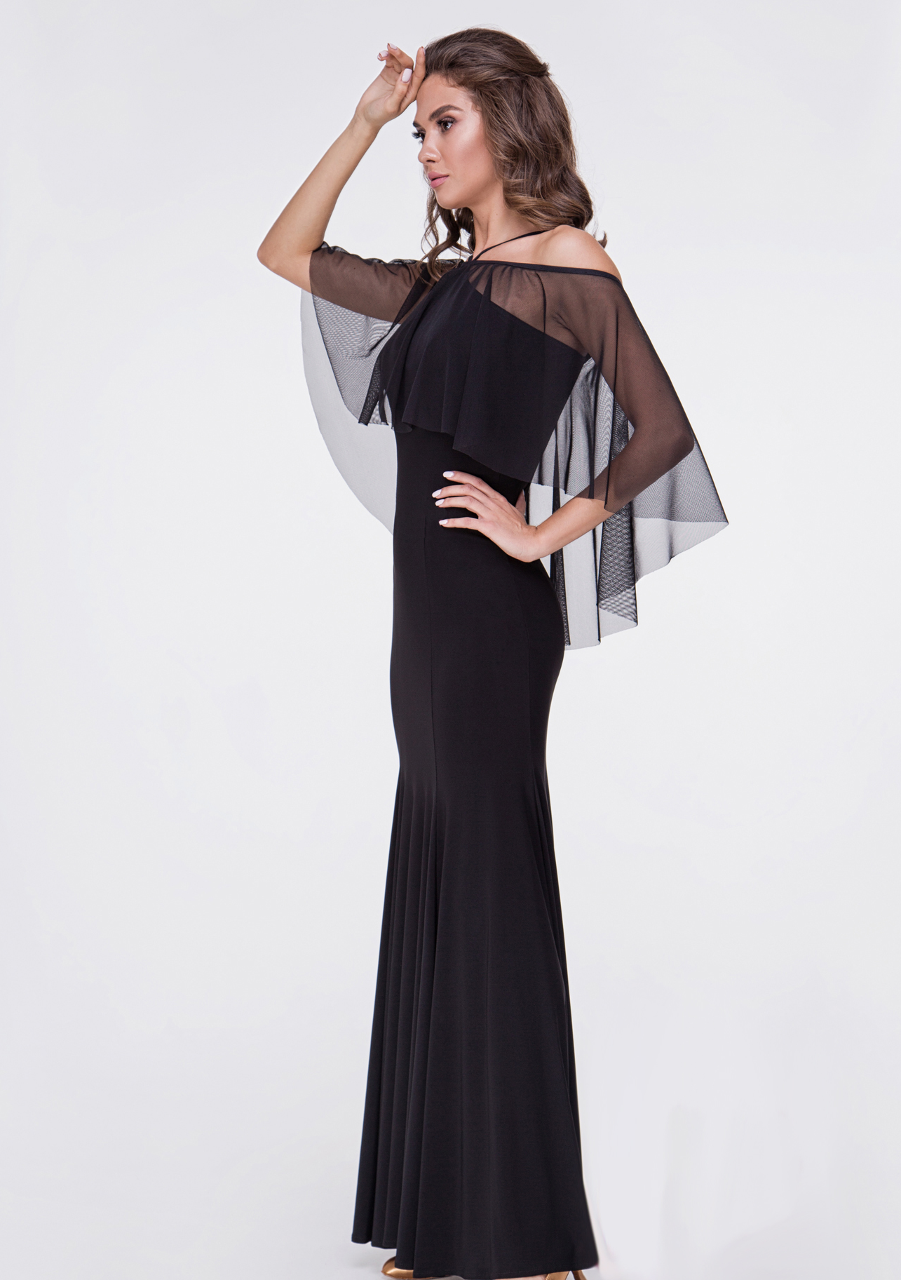 mesh ruffles and cold shoulder details on black ballroom dress
