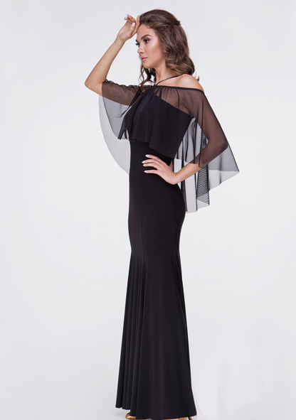 mesh ruffles and cold shoulder details on black ballroom dress
