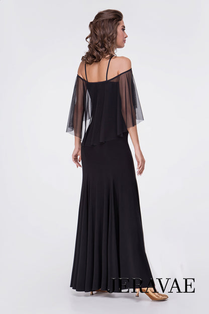 Long Black Ballroom or Smooth Practice Dress with Mesh Ruffle and Cold Shoulder Detail PRA 369