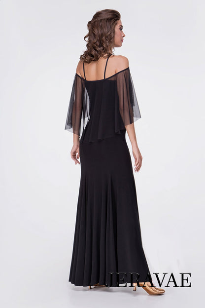 Black Ballroom Practice Dress with Cold Shoulder Detail and Mesh Ruffle PRA 369_sale