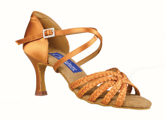 Women's Dark Tan Satin Latin Dance Shoes with Braided Strapping and Flare Heel by Dance America Miami