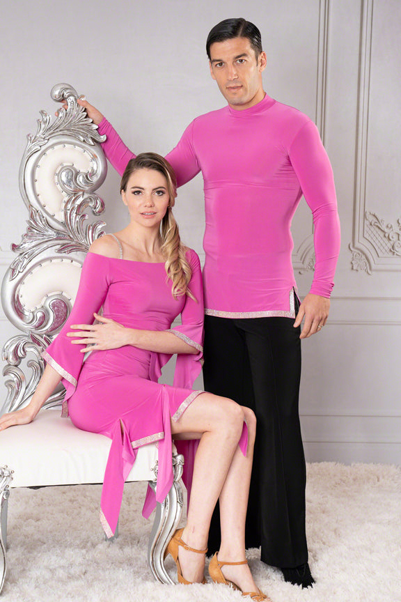 Men's pink ballroom dance shirt with stones