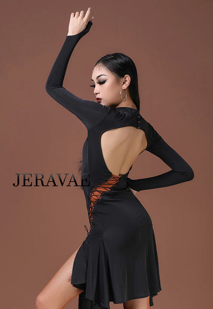 Long Sleeve Black Latin Practice Dress with Nude Cutouts, Cross Straps, Soft Skirt with Slits, and Back Opening PRA 766_sale