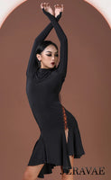 Long Sleeve Black Latin Practice Dress with Nude Cutouts and Cross Straps. Features Soft Skirt with Slits and Pretty Back Opening Pra766 In Stock