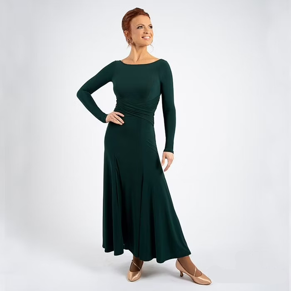Chrisanne Clover Noemi Ballroom Practice Dress with Stretch Net Cross Detail at Waist Available in Forest Green and Black Pra944 in Stock