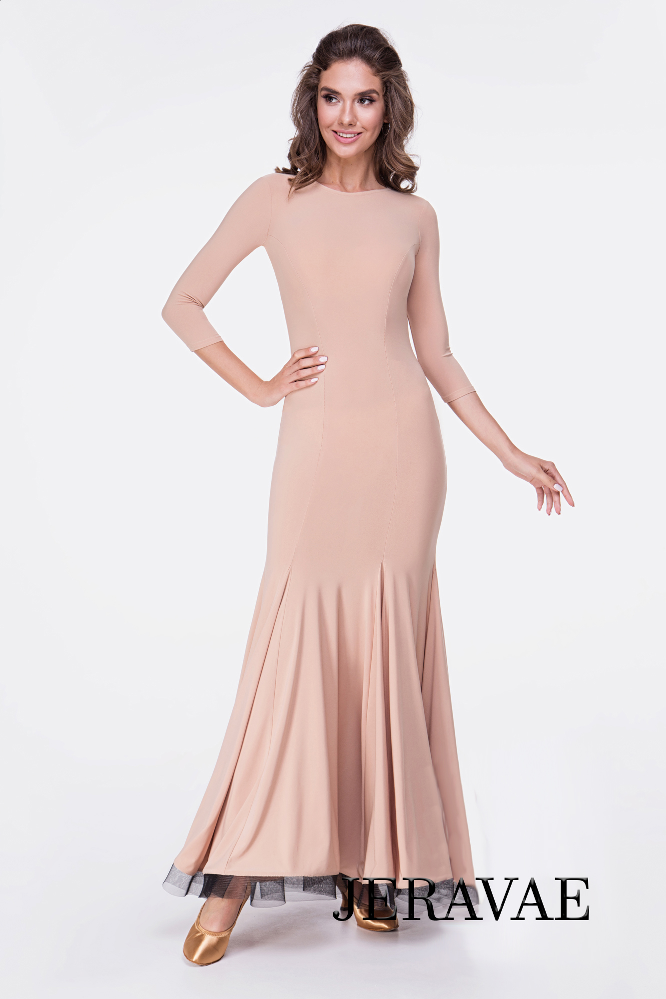 Classy Ballroom Practice Dress with 3/4 Sleeves and Horsehair Hem in Light Peach