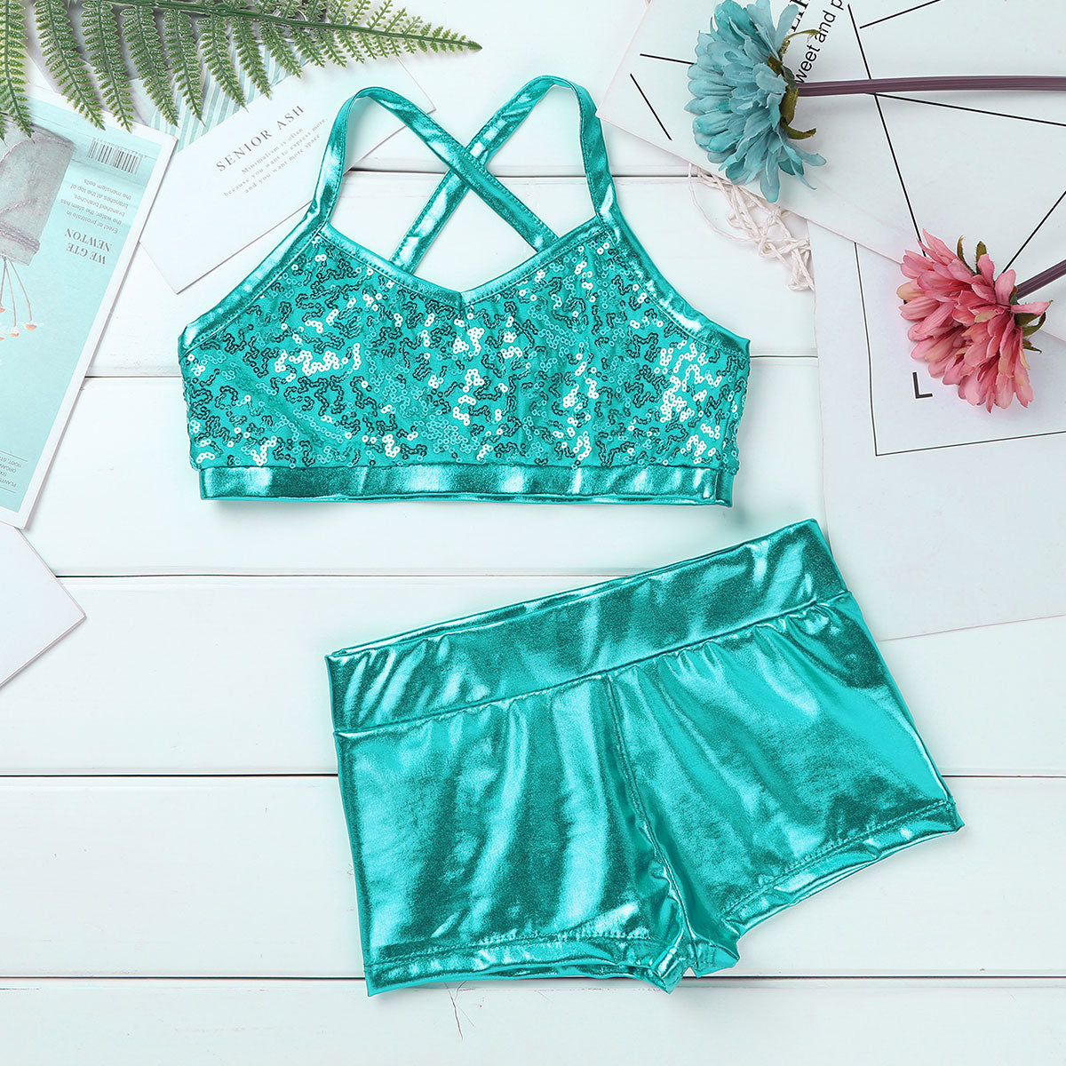 Barbra Girls Sequins Crop Top and Dance Pants Shorts Set Available in 5 Colors and Ages 5-14