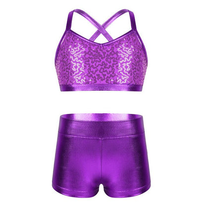 Barbra Girls Sequins Crop Top and Dance Pants Shorts Set Available in 5 Colors and Ages 5-14