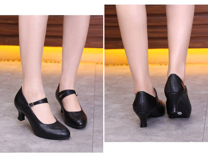 Selena Ladies Genuine Leather Character Dance Shoes with Split Strap and Rubber Sole.  Available in Black, Red and Silver