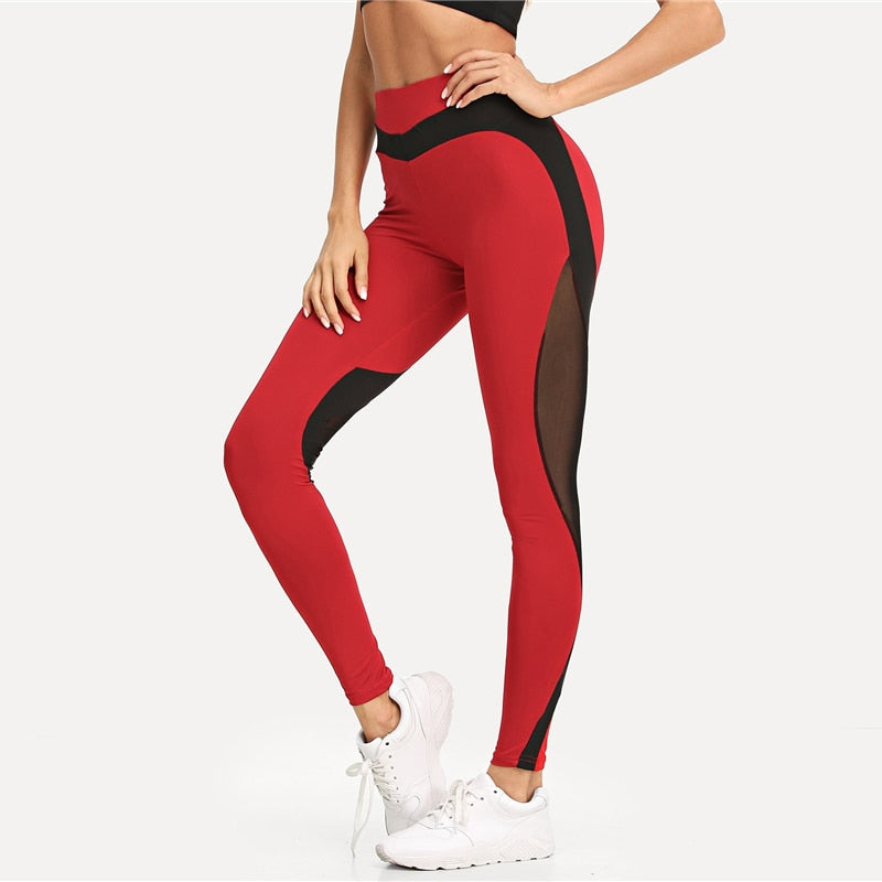 Red workout leggings for women with black mesh inserts