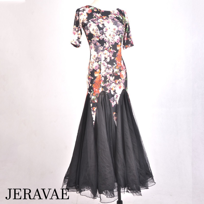 Black Floral Ballroom Practice Dress with Short Sleeves and Scoop Neck Available in Sizes S-3XL PRA 377