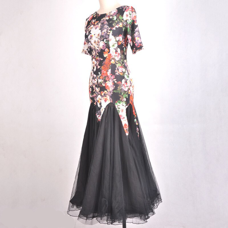Black Floral Ballroom Practice Dress with Short Sleeves and Scoop Neck Available in Sizes S-3XL PRA 377