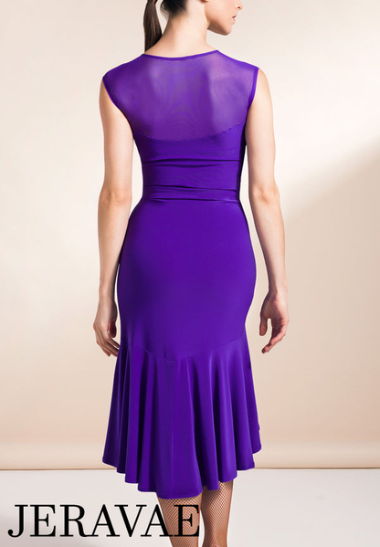 Stunning Sleeveless Latin Practice Dress with Belt Tie and Mesh Décolletage in Purple or Black PRA 376 in Stock