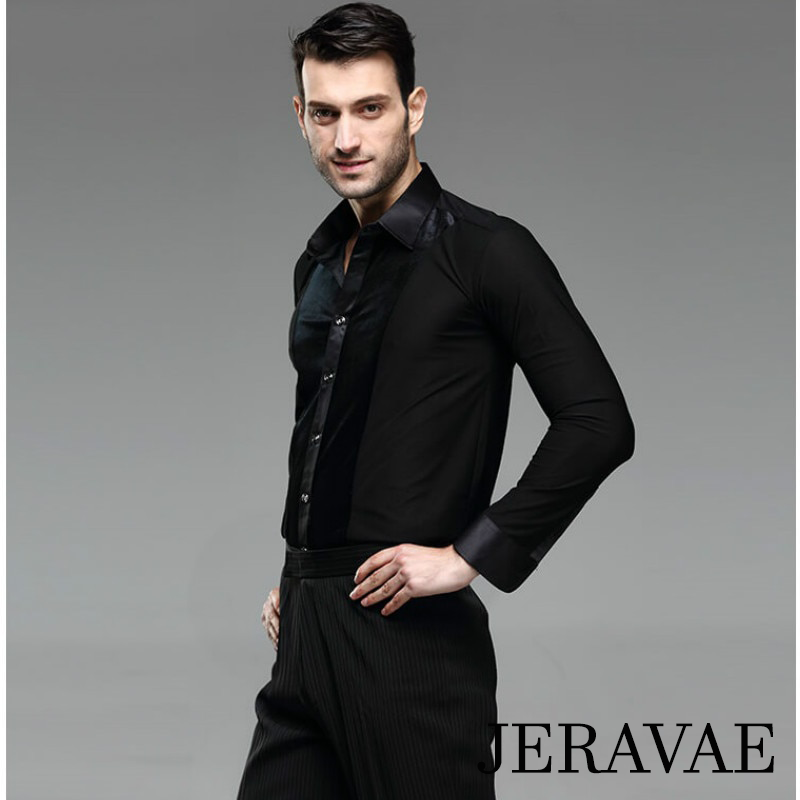 Men's Black Latin Tuck Out Shirt with Velvet Accent and Winged Collar M004 in Stock