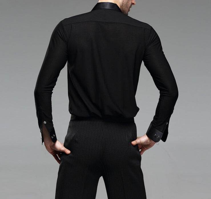 Men's Black Latin Tuck Out Shirt with Velvet Accent and Winged Collar M004 in Stock