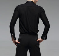 Men's Black Latin Tuck Out Shirt with Velvet Accent and Collar Available with Winged Collar or Mandarin Collar M004 In Stock Options