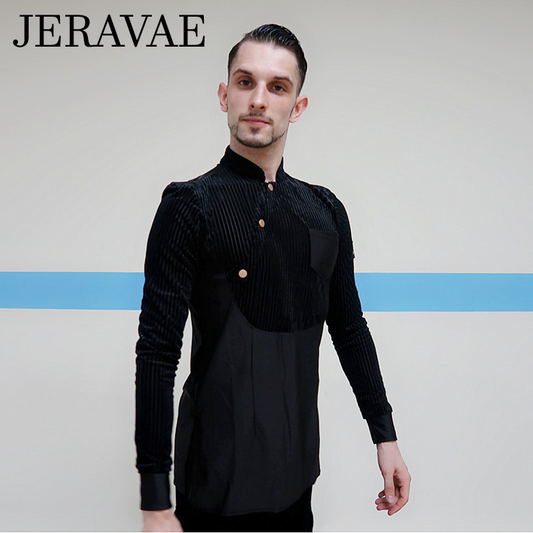 Men's Black Latin Tuck Out Shirt with Velvet Corduroy Detail and Gold Buttons Available in S-XXL M005