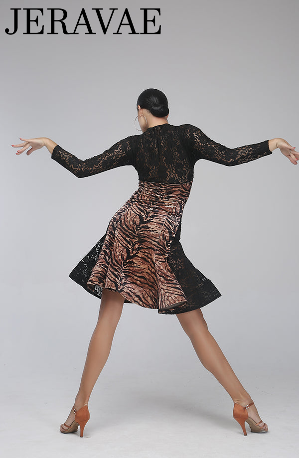 Floral or Tiger Print Latin Practice Dress with High Waist and Transparent Top with Long Sleeves and Lace-up Neckline PRA 410