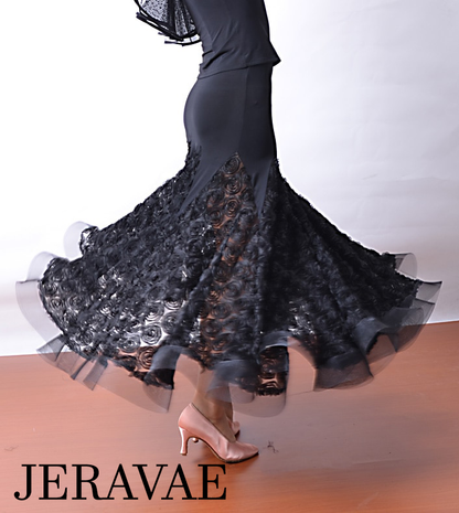 Long Black Ballroom Practice Skirt with 3D Floral Mesh Panels and Horsehair Hem Available in Sizes S-3XL PRA 514