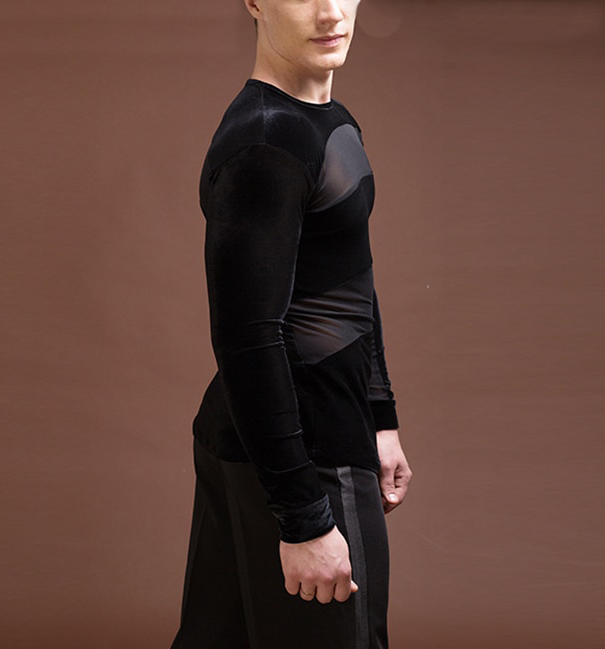 Men's Black Velvet and Mesh Long Sleeve Latin Competition Tuck Out Shirt M025
