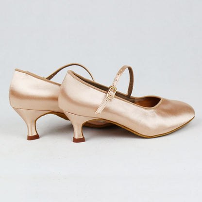 BD 138 Women's Single Strap Standard Ballroom Shoe in Tan Satin Available in Multiple Heel Heights